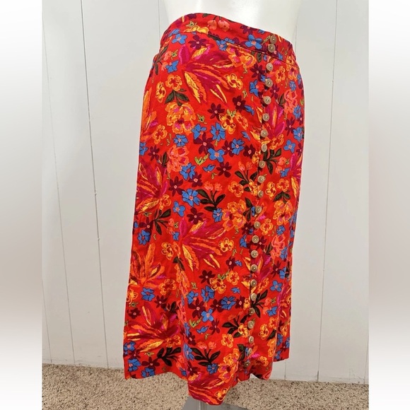 NEW Maison d' Amelie Paris Womens Skirt Sz L Red Floral Midi Buttons Linen Blend - Picture 3 of 11